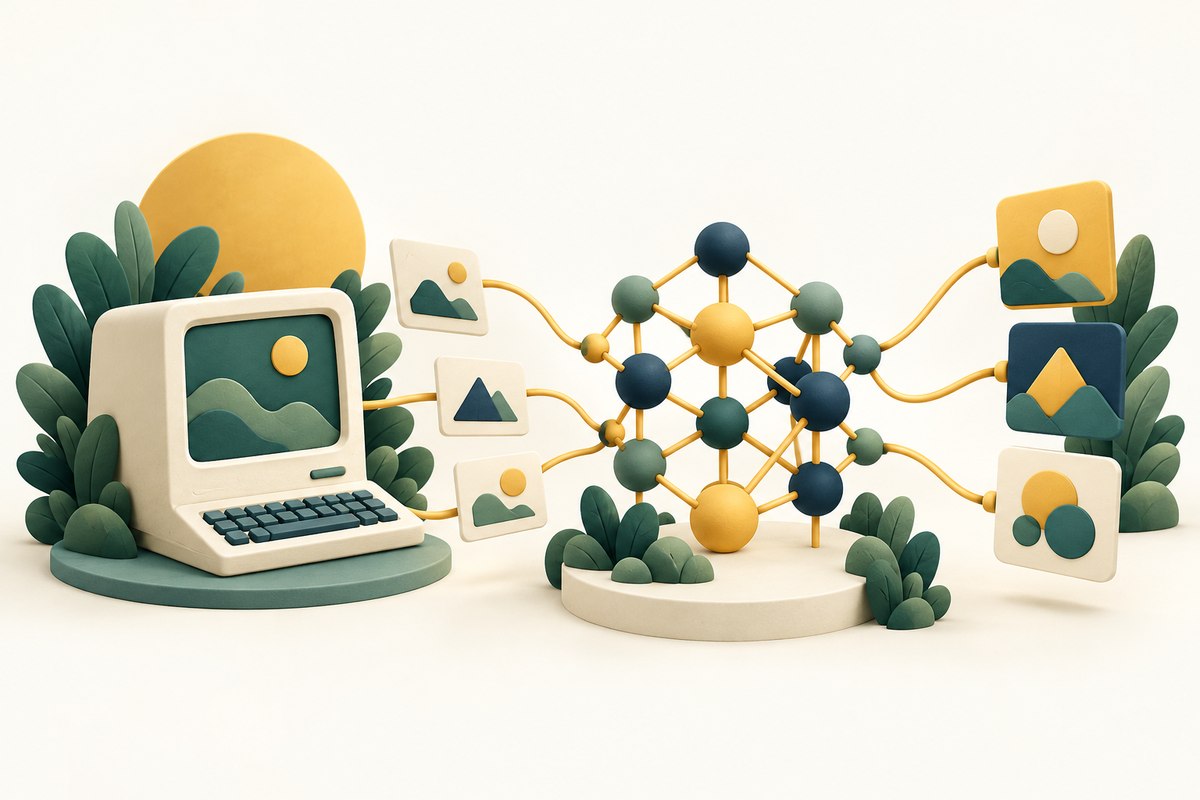 A vintage computer sits beside a sculptural network of connected nodes and abstract input and output cards.