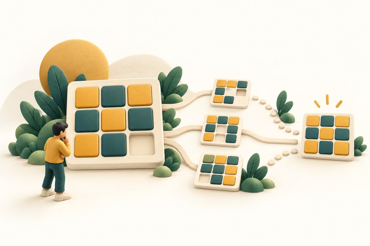 A developer studies a sliding puzzle beside branching candidate paths; the boards are conceptual illustrations.