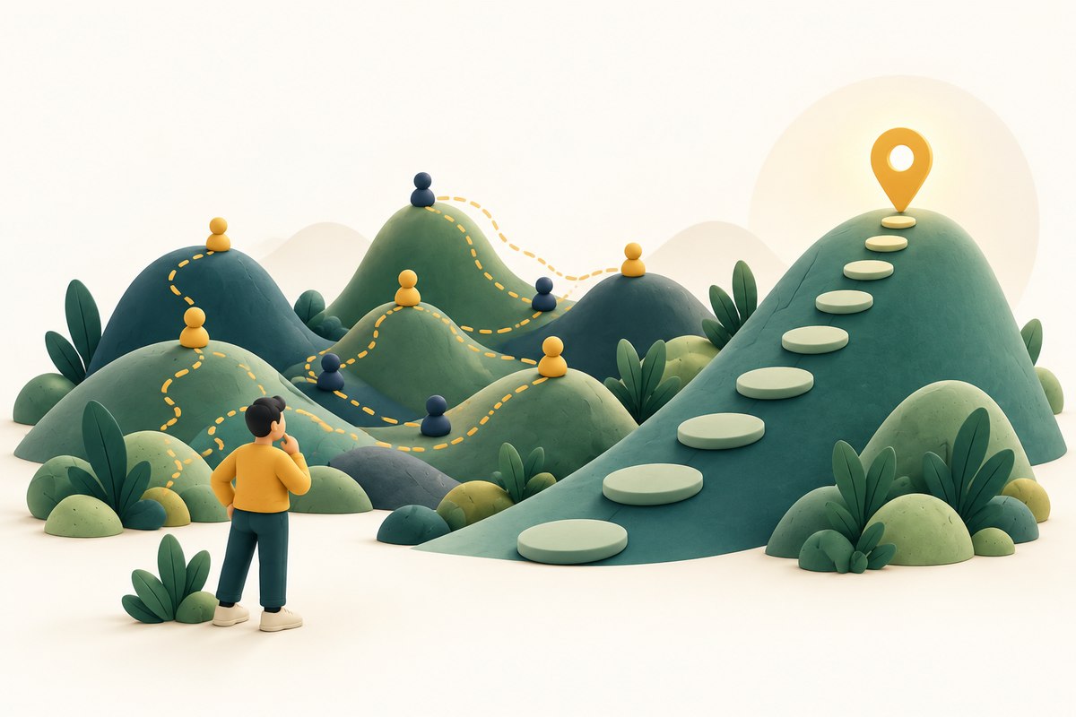A developer compares a direct stepped path with several candidate routes across a miniature landscape.