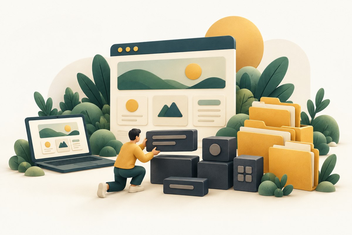 A developer assembles modular website blocks beside browser panels, a laptop and golden file folders.