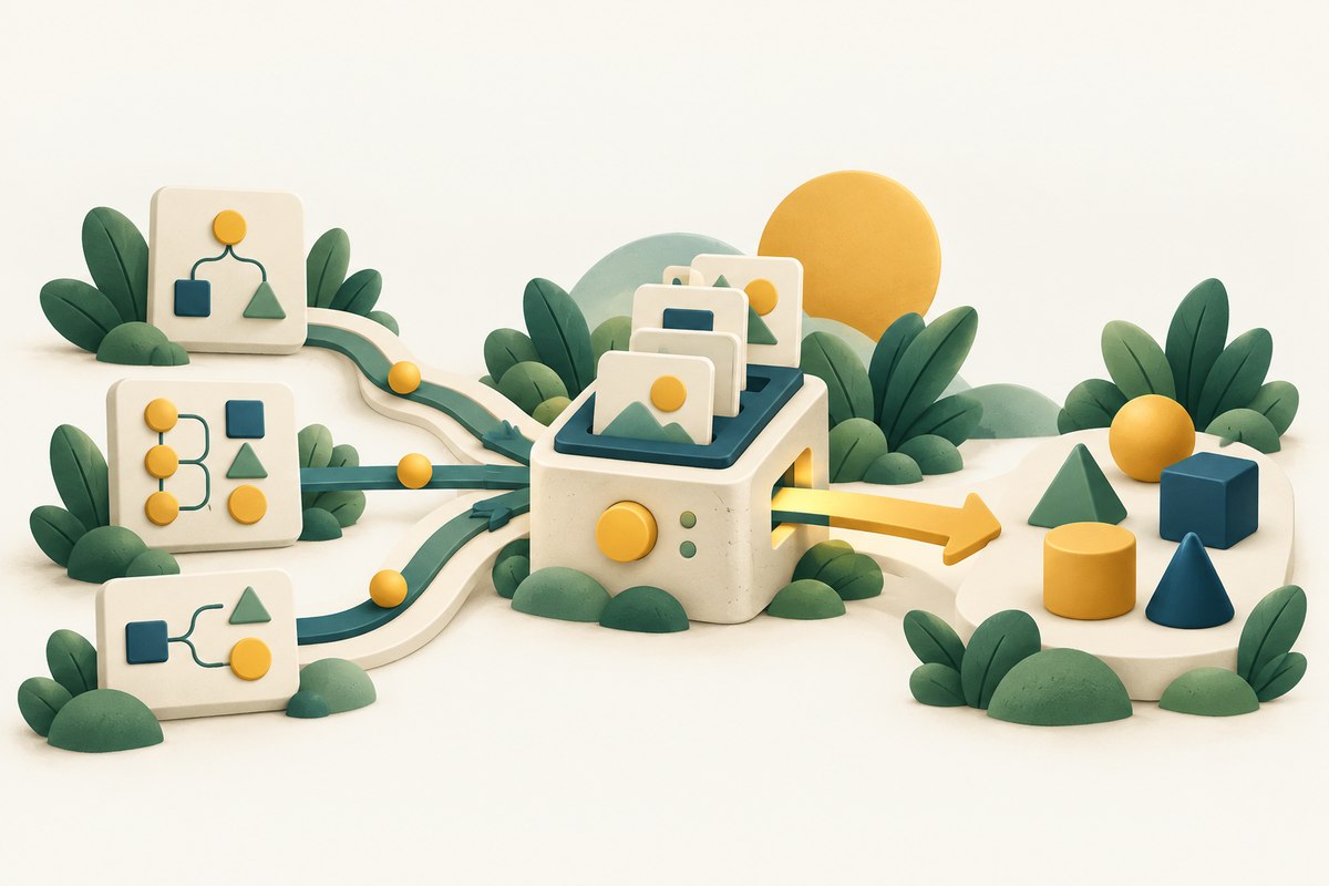 Rule tiles and example cards feed a miniature learning workshop that produces grouped shapes.