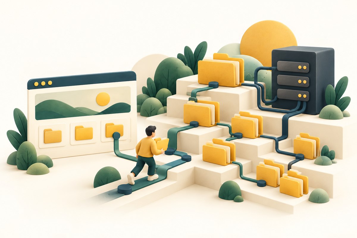 A developer follows connected routes between a browser, golden folders at different depths and a server.