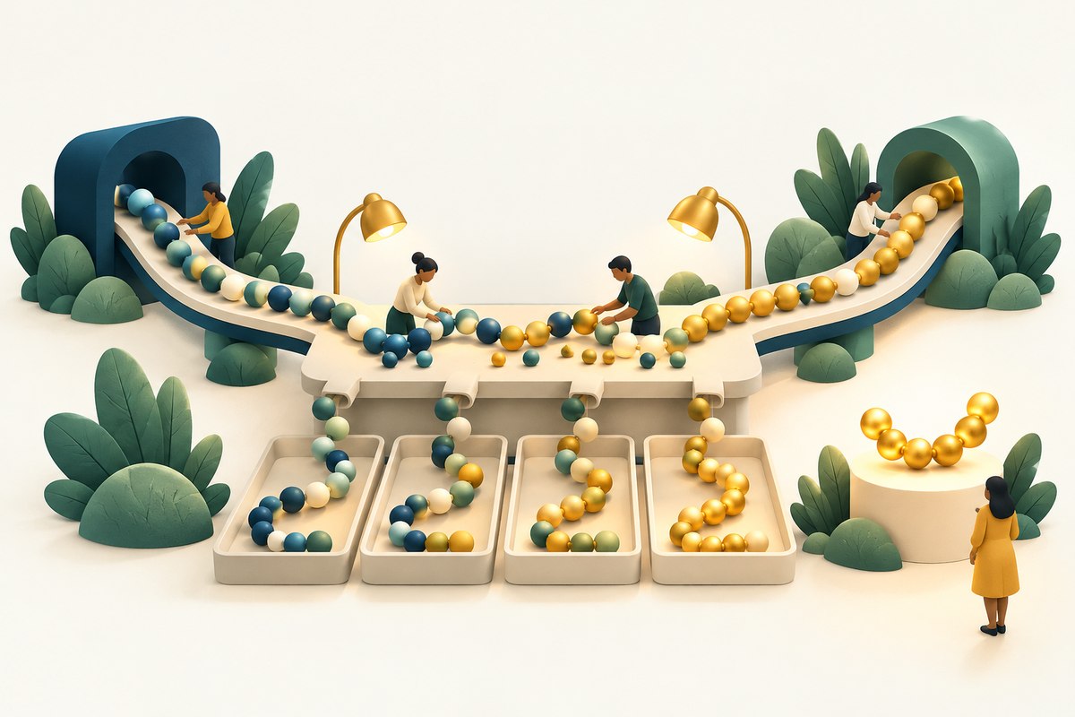 A miniature workshop combines colored bead chains and sorts increasingly golden candidates into trays.