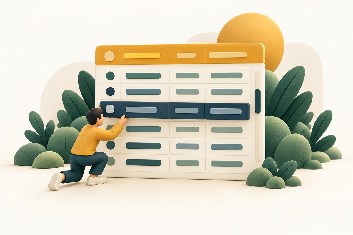 A developer slides a data row beneath a golden header that remains at the top of a tall table panel.