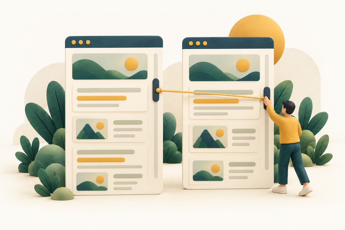 Two miniature browser panels have matching highlighted content and linked scrollbar handles.