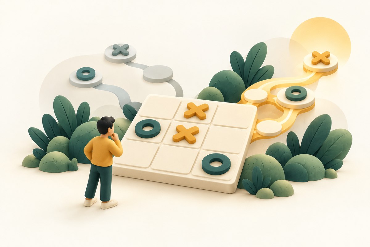 A developer considers a tic-tac-toe board beside branching possible moves, with one branch highlighted.